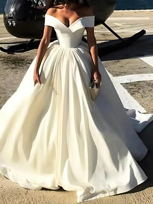 Ball Gown Off-the-shoulder Satin Court Train Wedding Dresses #Milly00024596