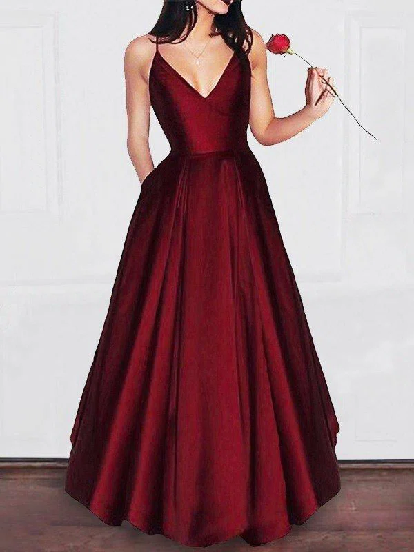 Ball Gown/Princess Floor-length V-neck Satin Pockets Prom Dresses #Milly020107970