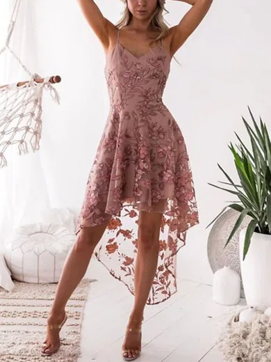 Lace V-neck Asymmetrical Homecoming Dresses #Milly020107972