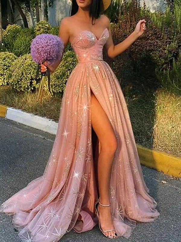 Ball Gown/Princess Sweep Train Sweetheart Glitter Split Front Prom Dresses #Milly020107974