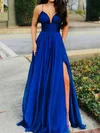 A-line Sweep Train V-neck Silk-like Satin Split Front Prom Dresses #Milly020107977