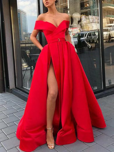 Ball Gown/Princess Off-the-shoulder Satin Floor-length Prom Dresses With Pockets S020107978