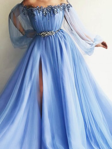 Ball Gown/Princess Sweep Train Off-the-shoulder Tulle Long Sleeves Beading Prom Dresses #Milly020107981