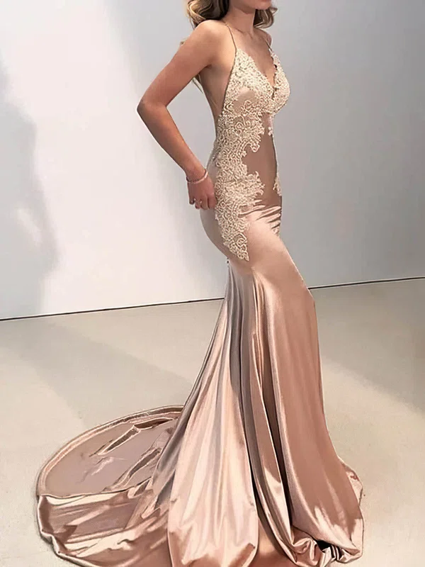 Trumpet/Mermaid Sweep Train V-neck Silk-like Satin Appliques Lace Prom Dresses #Milly020107987