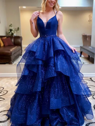 Ball Gown V-neck Tulle Floor-length Ruffle Tiered Prom Dresses #Milly020107989