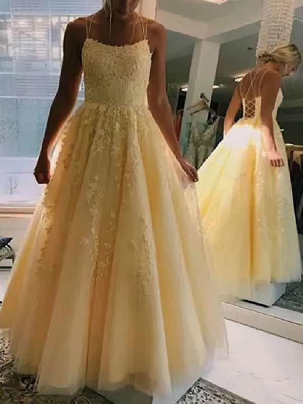 Ball Gown/Princess Scoop Neck Tulle Sweep Train Appliques Lace Prom Dresses #Milly020107990