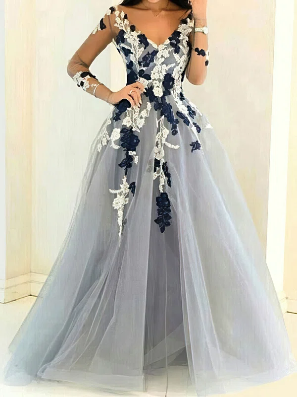 Ball Gown/Princess Floor-length V-neck Tulle Long Sleeves Appliques Lace Prom Dresses #Milly020107991