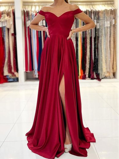 A-line Floor-length Off-the-shoulder Silk-like Satin Split Front Prom Dresses #Milly020107992