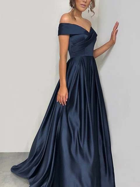 A-line Off-the-shoulder Silk-like Satin Sweep Train Ruffles Prom Dresses #Milly020107995