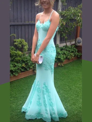 Trumpet/Mermaid V-neck Lace Tulle Sweep Train Lace Prom Dresses #Milly020107998