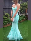 Trumpet/Mermaid V-neck Lace Tulle Sweep Train Lace Prom Dresses #Milly020107998