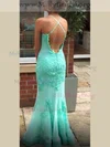 Trumpet/Mermaid V-neck Lace Tulle Sweep Train Lace Prom Dresses #Milly020107998