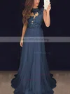A-line Scoop Neck Chiffon Sweep Train Appliques Lace Prom Dresses Sale #sale020102057