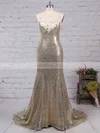 Trumpet/Mermaid V-neck Sequined Sweep Train Appliques Lace Prom Dresses Sale #sale020102499