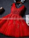 A-line V-neck Tulle Knee-length Appliques Lace Popular Prom Dresses Sale #sale020102505