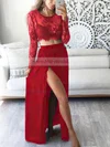 A-line Scoop Neck Lace Chiffon Ankle-length Split Front Prom Dresses Sale #sale020102597