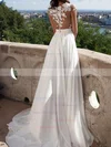 A-line Scoop Neck Chiffon Sweep Train Appliques Lace Prom Dresses Sale #sale020103578