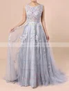 Ball Gown Scoop Neck Lace Tulle Sweep Train Appliques Lace Prom Dresses Sale #sale020103746