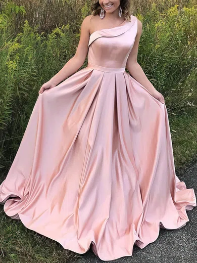 A-line One Shoulder Satin Sweep Train Sashes / Ribbons Prom Dresses Sale #sale020104815