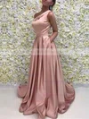 A-line One Shoulder Satin Sweep Train Sashes / Ribbons Prom Dresses Sale #sale020104815