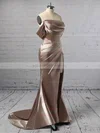 Sheath/Column Off-the-shoulder Silk-like Satin Sweep Train Ruffles Prom Dresses Sale #sale020104841