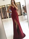Sheath/Column V-neck Silk-like Satin Sweep Train Ruffles Prom Dresses Sale #sale020104919