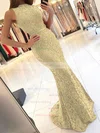 Trumpet/Mermaid High Neck Lace Sweep Train Sashes / Ribbons Prom Dresses Sale #sale020104921