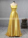 A-line Scoop Neck Silk-like Satin Sweep Train Pockets Prom Dresses Sale #sale020105078