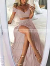 A-line Off-the-shoulder Silk-like Satin Floor-length Split Front Prom Dresses Sale #sale020105268