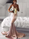 Trumpet/Mermaid V-neck Silk-like Satin Sweep Train Appliques Lace Prom Dresses Sale #sale020105512