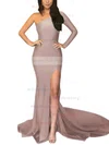 Trumpet/Mermaid One Shoulder Jersey Sweep Train Split Front Prom Dresses Sale #sale020105746