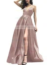 A-line V-neck Satin Sweep Train Split Front Prom Dresses Sale #sale020105754