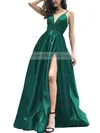 A-line V-neck Satin Sweep Train Split Front Prom Dresses Sale #sale020105754