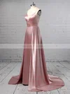 A-line V-neck Silk-like Satin Sweep Train Split Front Prom Dresses Sale #sale020105768