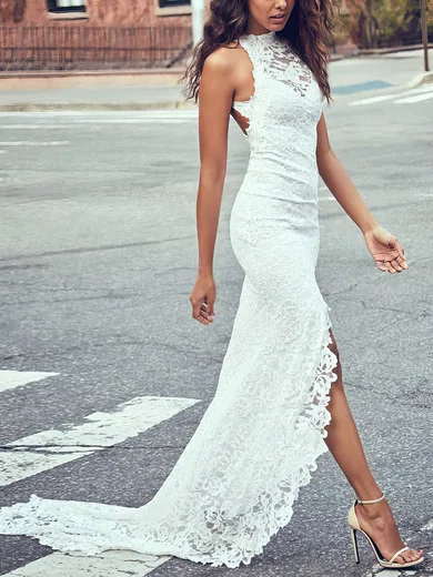 Sheath/Column Halter Lace Sweep Train Split Front Prom Dresses Sale #sale020106055