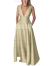 A-line V-neck Silk-like Satin Floor-length Pockets Prom Dresses Sale #sale020106098