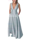 A-line V-neck Silk-like Satin Floor-length Pockets Prom Dresses Sale #sale020106098