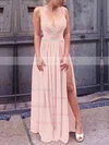 A-line V-neck Silk-like Satin Floor-length Split Front Prom Dresses Sale #sale020106103