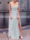 A-line V-neck Silk-like Satin Floor-length Split Front Prom Dresses Sale #sale020106103