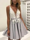 A-line V-neck Satin Short/Mini Lace Prom Dresses Sale #sale020106298