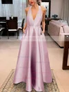 A-line V-neck Satin Floor-length Bow Prom Dresses Sale #sale020106389