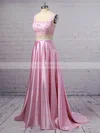 A-line Square Neckline Lace Silk-like Satin Sweep Train Pockets Prom Dresses Sale #sale020106398