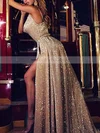 A-line Cowl Neck Sequined Sweep Train Split Front Prom Dresses Sale #sale020106500