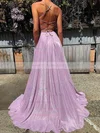 A-line V-neck Shimmer Crepe Sweep Train Pockets Prom Dresses Sale #sale020106554