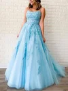 Sky Blue Princess Scoop Neck Tulle Sweep Train Appliques Lace Prom Dresses Sale #sale020106558