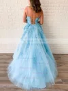 Sky Blue Princess Scoop Neck Tulle Sweep Train Appliques Lace Prom Dresses Sale #sale020106558