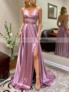 A-line V-neck Silk-like Satin Sweep Train Split Front Prom Dresses Sale #sale020106649