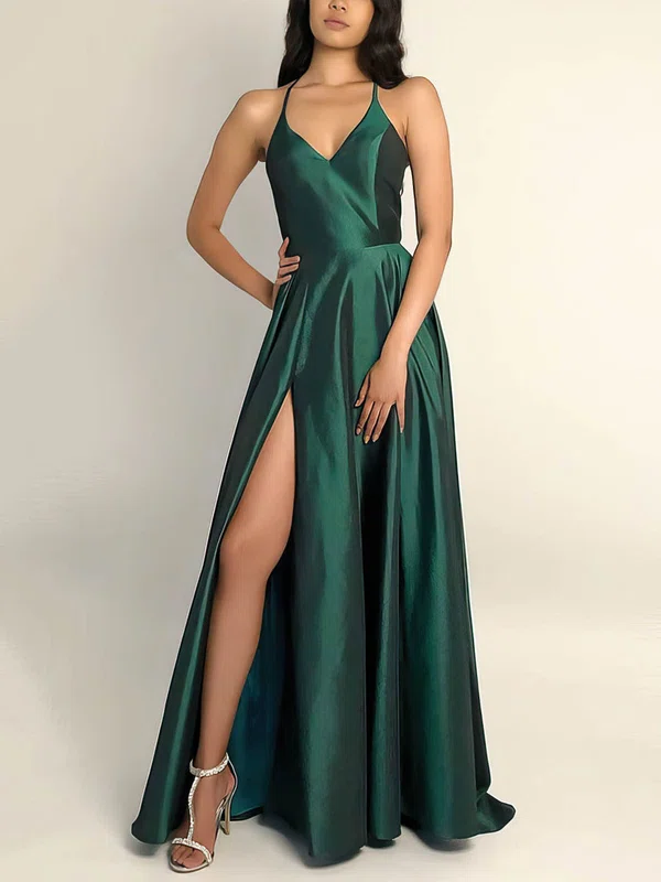 A-line V-neck Silk-like Satin Sweep Train Split Front Prom Dresses Sale #sale020106743