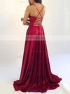 A-line V-neck Silk-like Satin Sweep Train Split Front Prom Dresses Sale #sale020106743
