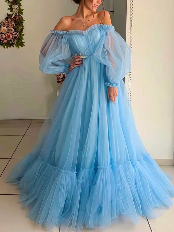 Princess Off-the-shoulder Tulle Sweep Train Appliques Lace Prom Dresses Sale #sale020106822
